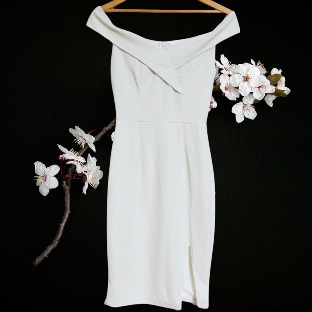 White Mini Dress - Off Shoulder - Slit - Silver Sparkle SZ XS NWOT